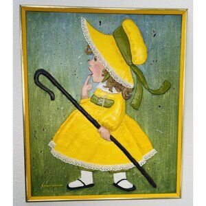 VTG 1970s Original 3D Painting OOAK Holly Hobbie Lil Bo Peep KATHY VERNON 18"x24